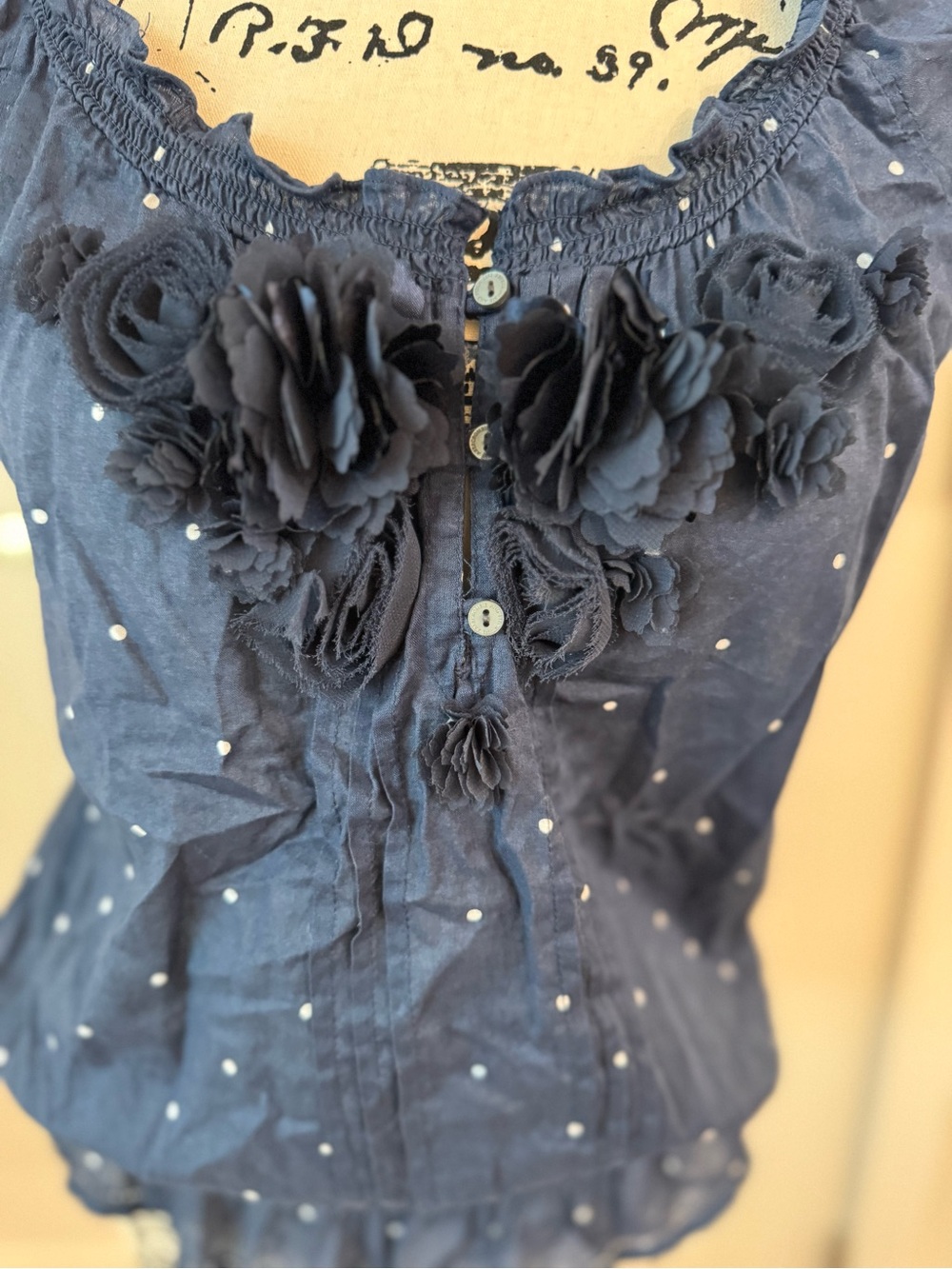 Abercrombie & Fitch Navy Blue Polka Dots With Floral Brocades Peasant Top M - Picture 2 of 9